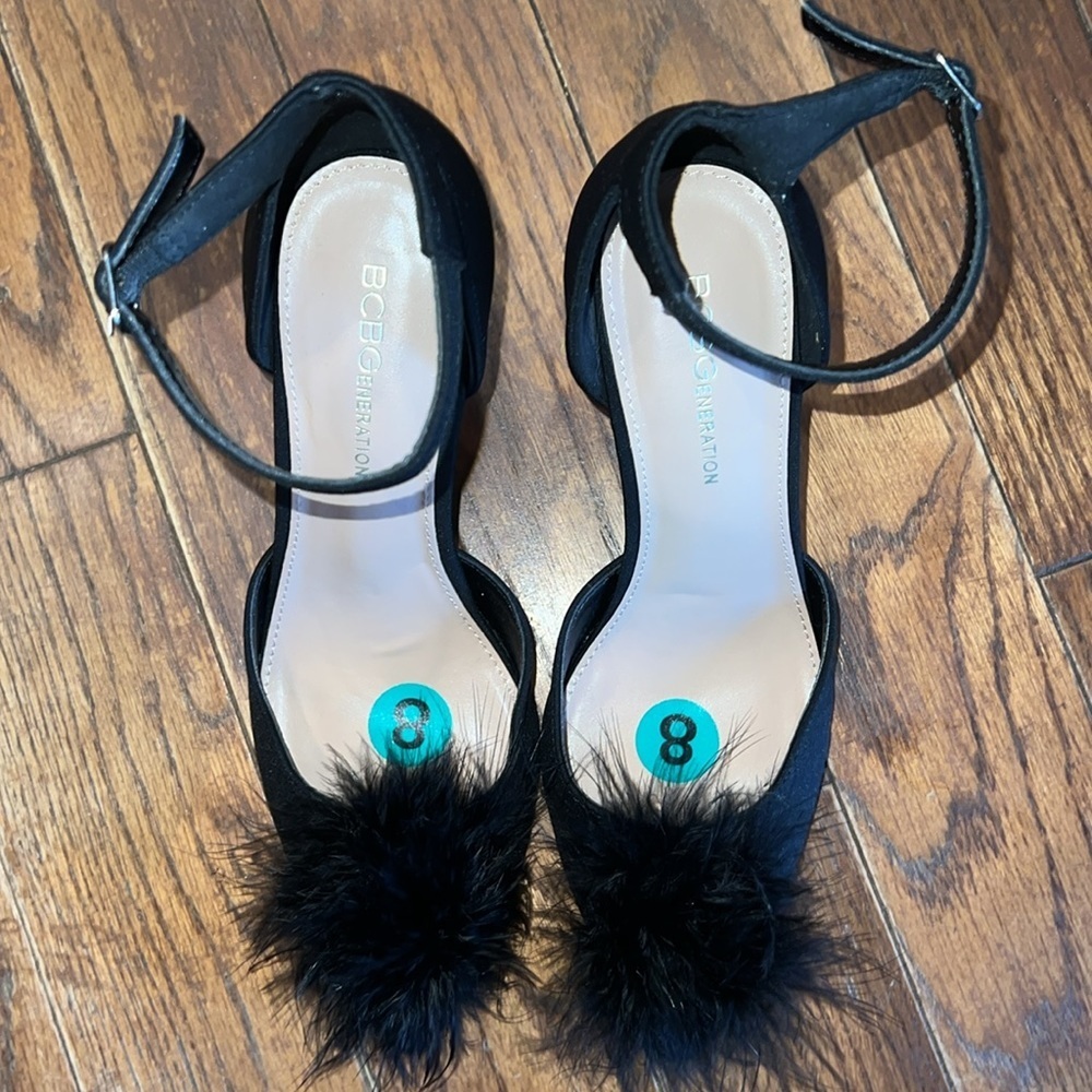 Black Abiny Faux Feather Ankle Strap Pumps - Picture 3 of 5